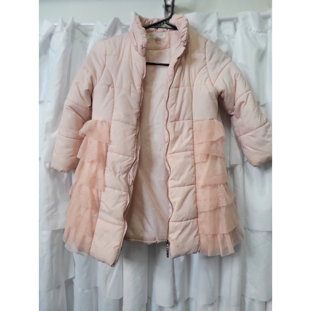 Richie House Girls Pink Puffer Jacket Tulle Ruffle Tiered Skirt Coat S 5/6 1507
